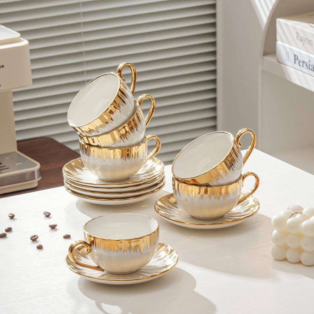 European Ceramic Coffee Cup and Saucer Set of 6 – Light Luxury 8.45oz Porcelain Tea Cups with Plates | Elegant Floral Dinnerware for Wedding Mother's Day Holiday Gift