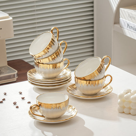 Ceramic Coffee Cup and Saucer Set of 6, 250 mL, European-Inspired Floral Style
