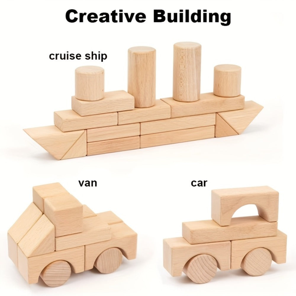 100-Piece Unpainted Beech Wood Building Blocks for Stacking and Sorting