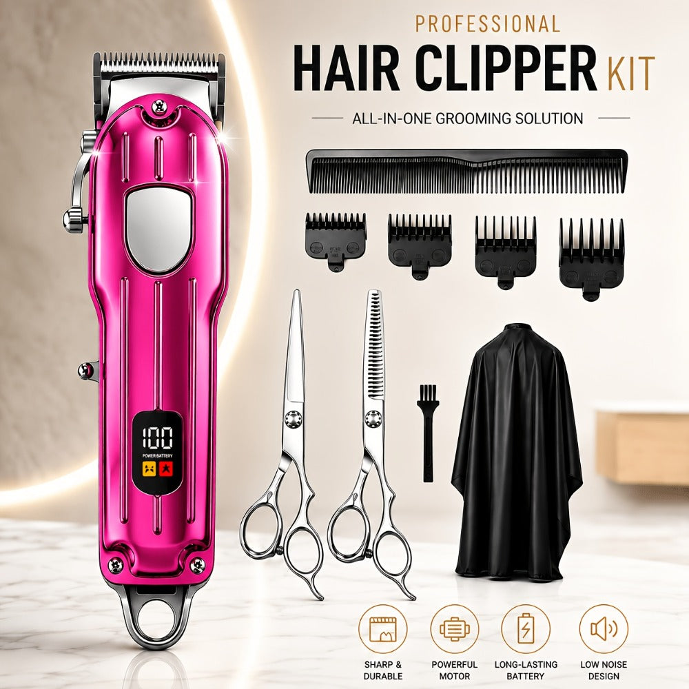 Barber Hair Clipper Kit for Men — USB Rechargeable Digital Size Adjustment, Complete Set with Scissors & 4 Limit Combs, Professional Home Barbering Grooming Set, Gift for Dad & Husband