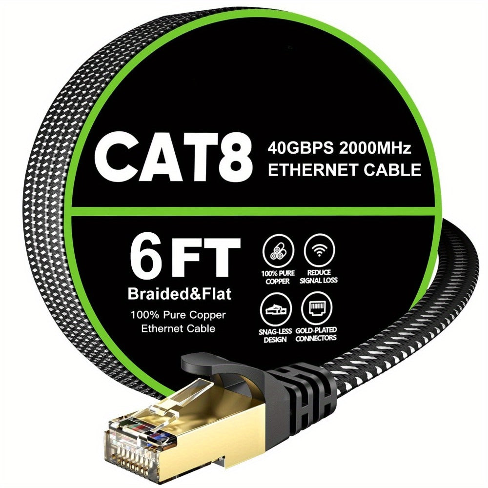 Cat 8 Ethernet Cable 100ft Flat Braided, 40Gbps 2000MHz High Speed Internet Cord, Gold Plated RJ45 SSTP Shielded Network LAN Cable for PS4 PS5 Gaming, Router, Modem, PC, Laptop, Xbox