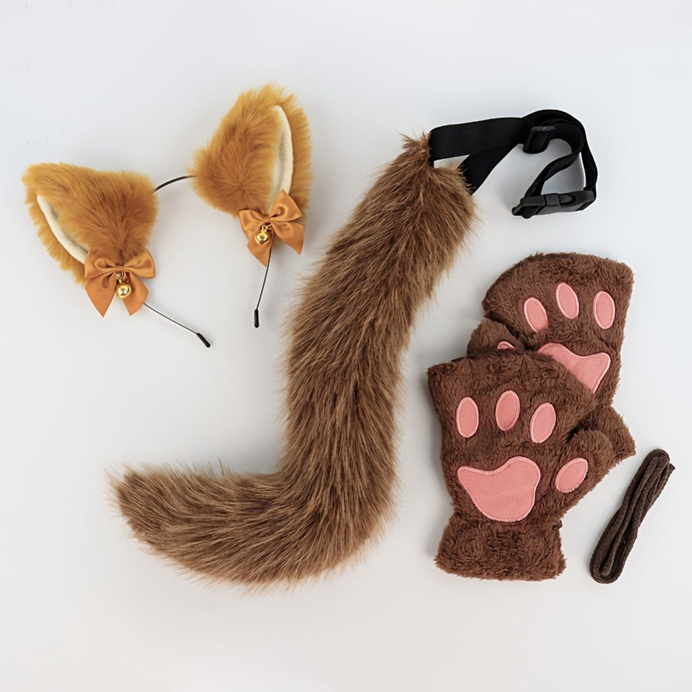 Cat Costume Set 3 Piece – Bell Ear Headband, Plush Paw Gloves & Adjustable Tail for Halloween, Cosplay, Role Play & Stage Performances, Cute Gift for Women Girls, Grey White Brown Pink