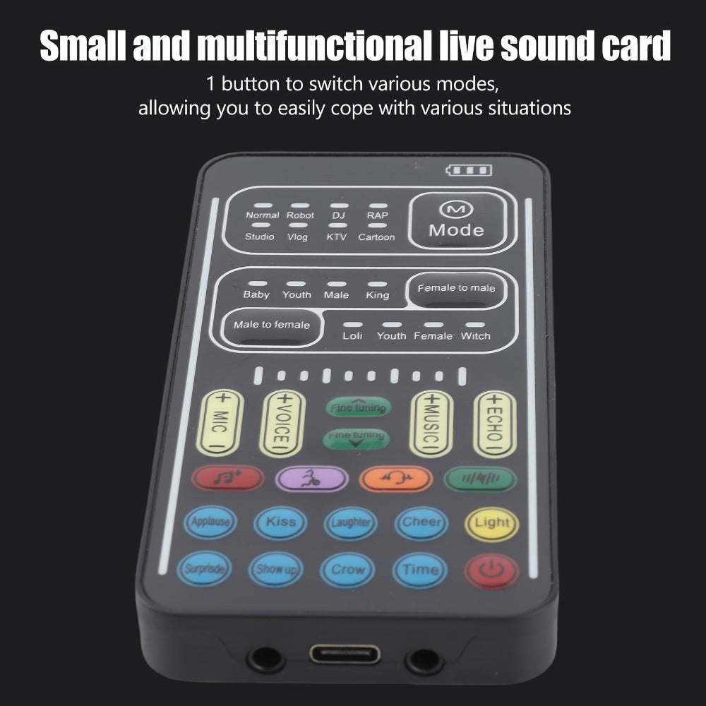 Voice Changer Sound Card with 8 Voice Effects & LED Lights – Portable Live Sound Board for PS4, PS5, Xbox, PC, Phone, Laptop, Tablet | Male to Female, Gaming & Streaming Voice Modulator