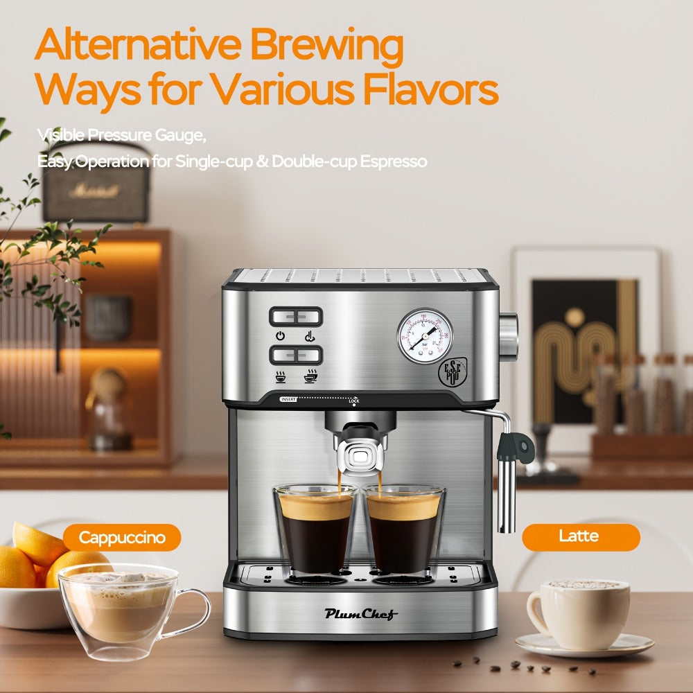 20 Bar Espresso Machine 950W – Stainless Steel Espresso & Cappuccino Latte Maker with Steam Wand Milk Frother, 49.03oz Water Tank, ESE Pod Filter, Home Barista Coffee Machine – Black, Pressure Gauge