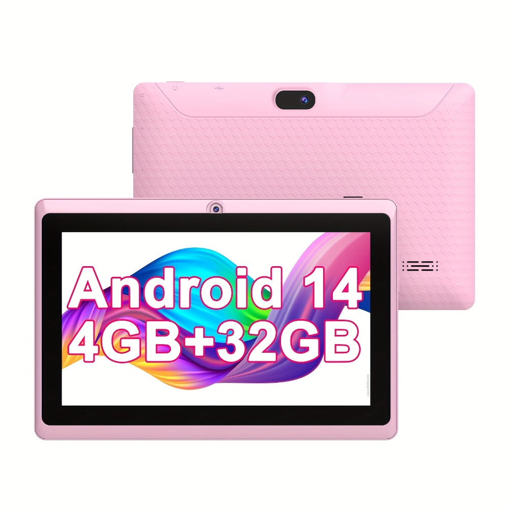 Android 14 Tablet 7 Inch, 32GB Storage 512GB Expandable, Quad-Core Processor IPS HD Touchscreen, Dual Camera 2.4GHz WiFi, Compact Lightweight Portable for Kids Students Seniors Home School Travel – White Pink Black