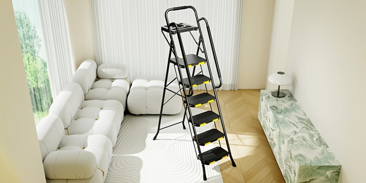 6 Step Ladder with Handrails & Tool Platform 800 LBS – Folding Step Stool Wide Pedal Steel Safety Ladder for Adults, Painting, Home, Garage & Outdoor Use – Auto Safety Lock, Compact Storage