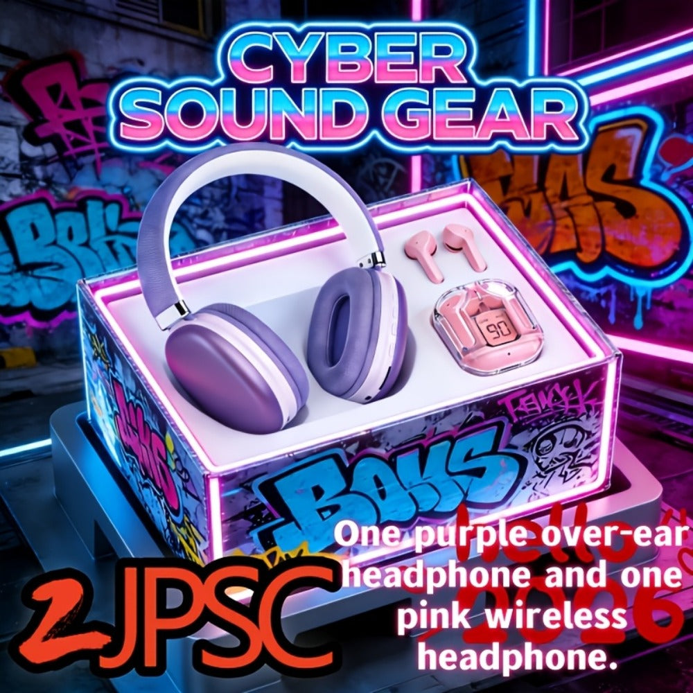Cute Pink Cat Ear Headphones & Wireless Earbuds Gift Set Bundle LED Glowing Over-Ear Headset Combo for Girls Teens Women Birthday Holiday Back to School