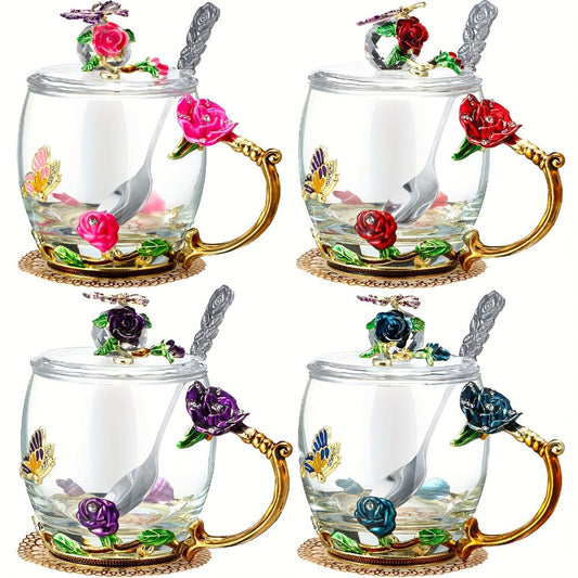 Flower Glass Tea Cups with Lids and Spoons, Set of 4, 11 oz Butterfly Design