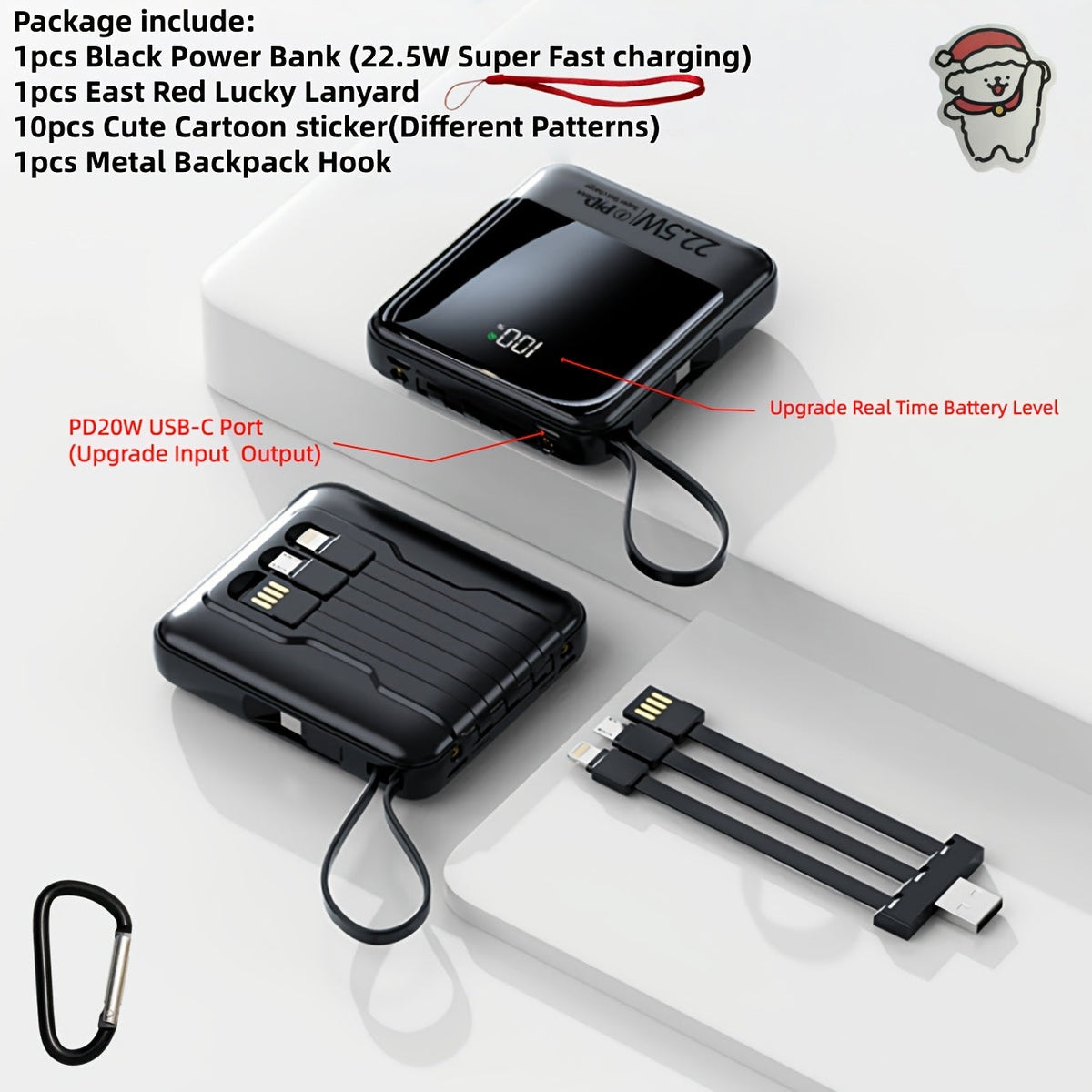 10000mAh Power Bank Built-in 4-in-1 Cable 22.5W Super Fast Charging Slim Mini Portable Charger for iPhone Android Samsung – Compact Travel Battery Pack USB-C Micro Lightning