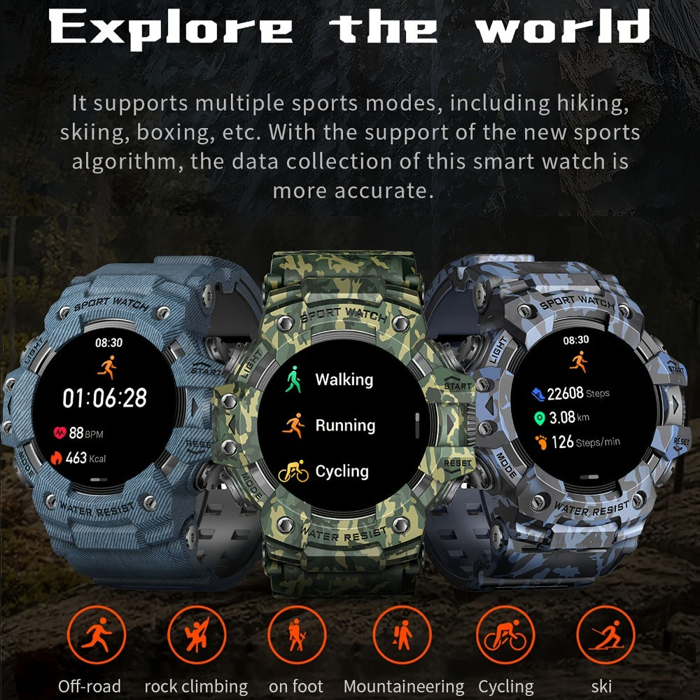 Tactical Smartwatch for Men, LED Flashlight & SOS Emergency, 1.32" TFT Screen, Bluetooth Calling, 100+ Sport Modes, Heart Rate SpO2 Sleep Tracker, Camouflage & Matte Colors – iPhone & Android Compatible
