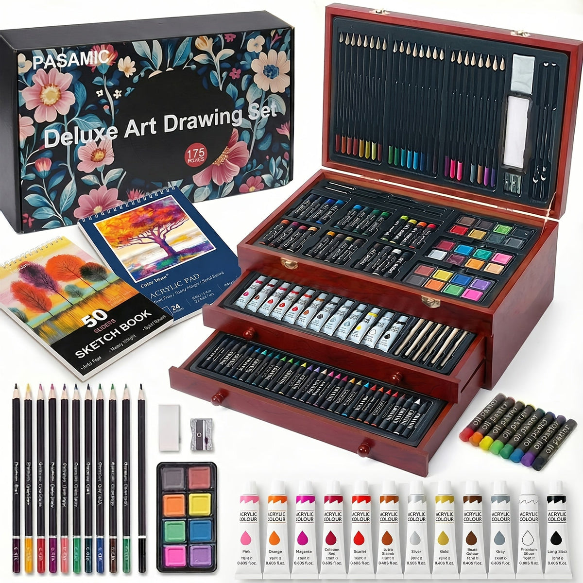 172 Piece Deluxe Art Set in Wooden Case with 2 Drawing Pads Crayons Acrylic Paints Colored Pencils Professional Art Kit Gift Box for Artists Beginners Ages 8+ Birthday Christmas