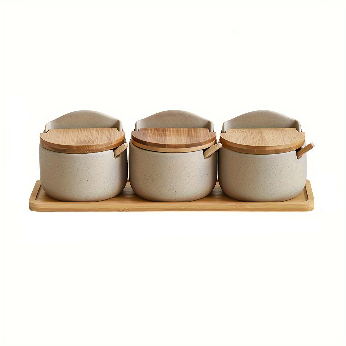 Ceramic Seasoning Pot Set with Lid & Spoon – Salt Pepper Spice Jar Container with Tray Kitchen Condiment Storage Organizer for Counter Cooking Accessories Housewarming Gift