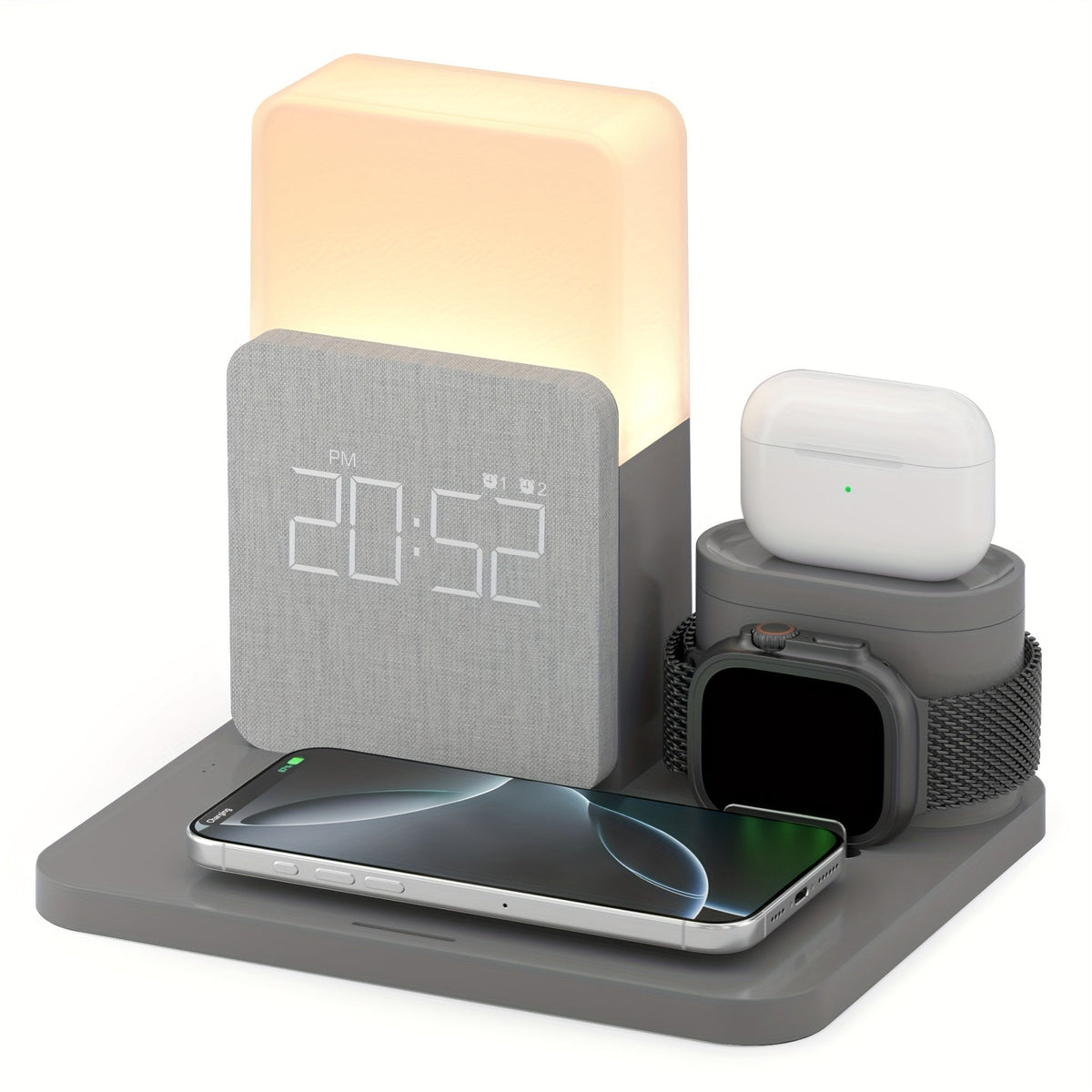 Alarm Clock 3-in-1 Wireless Charging Station with Clock Display – Bedside Charging Dock for iPhone 16 15 14 13 12 & Samsung Galaxy, Charges Phone Watch & Earbuds Simultaneously | Black White Gray