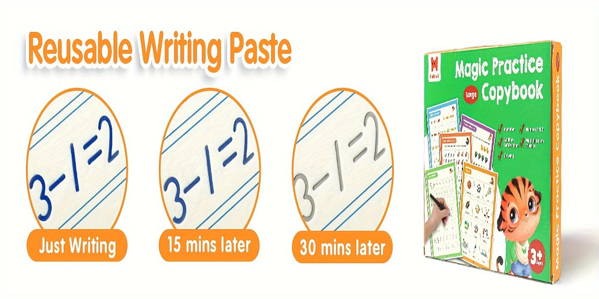 Magic Grooved Handwriting Practice Book for Kids Ages 3-8 — Reusable 5-in-1 Tracing Workbook for Letters Numbers Drawing Math, 3D Groove Pen Control Training with Grip Aids, 10.2×7.3 In