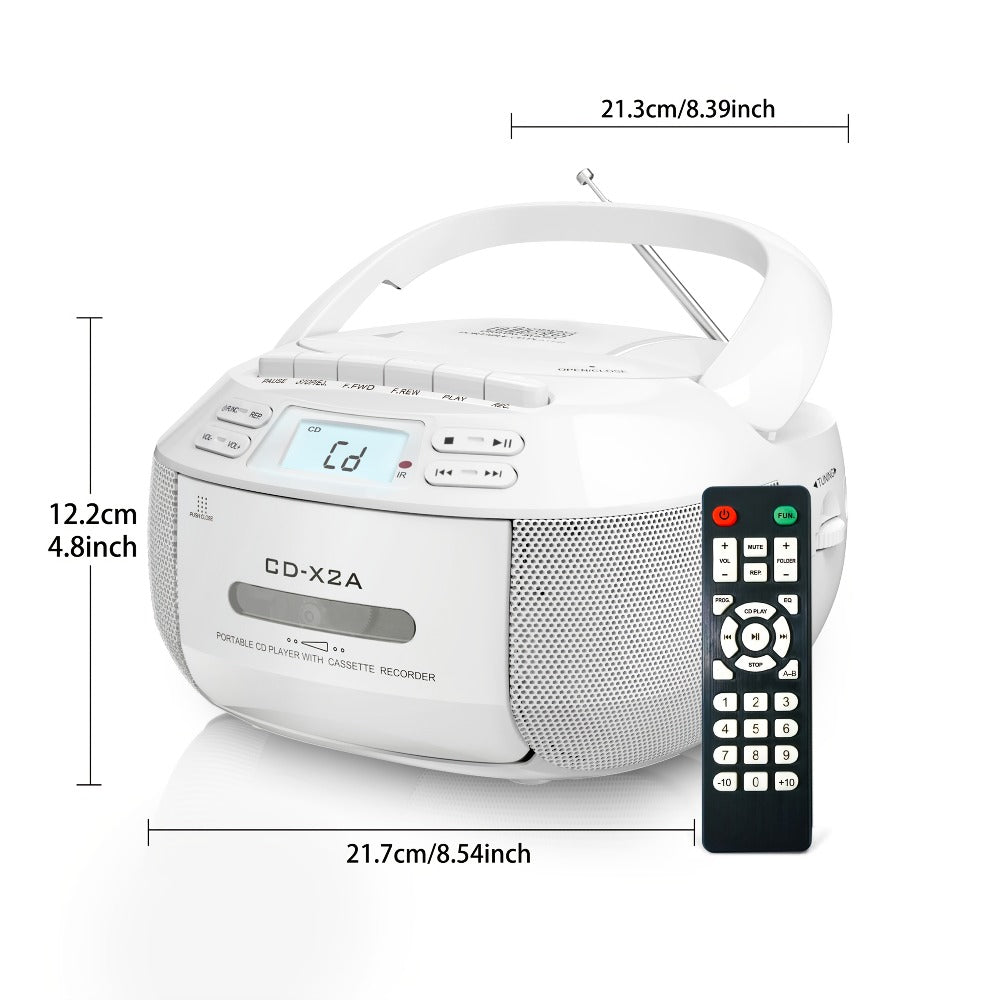 CD Cassette Player Boombox Combo with AM/FM Radio, Remote Control, LCD Display, AUX USB Earphone Jack, AC & Battery Operated, Stereo Sound Home Audio System for Seniors Adults
