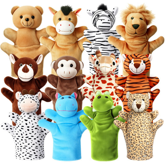 Zoo Animal Hand Puppets Set, 12 Plush Characters for Storytelling and Puppet Shows