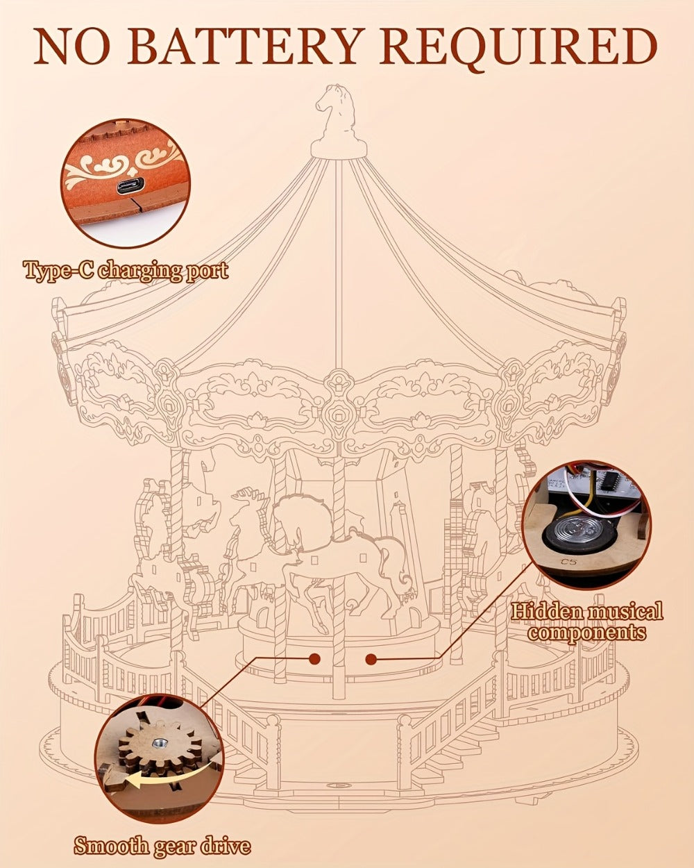 Rolife Carousel Music Box Kit, DIY 3D Wooden Model