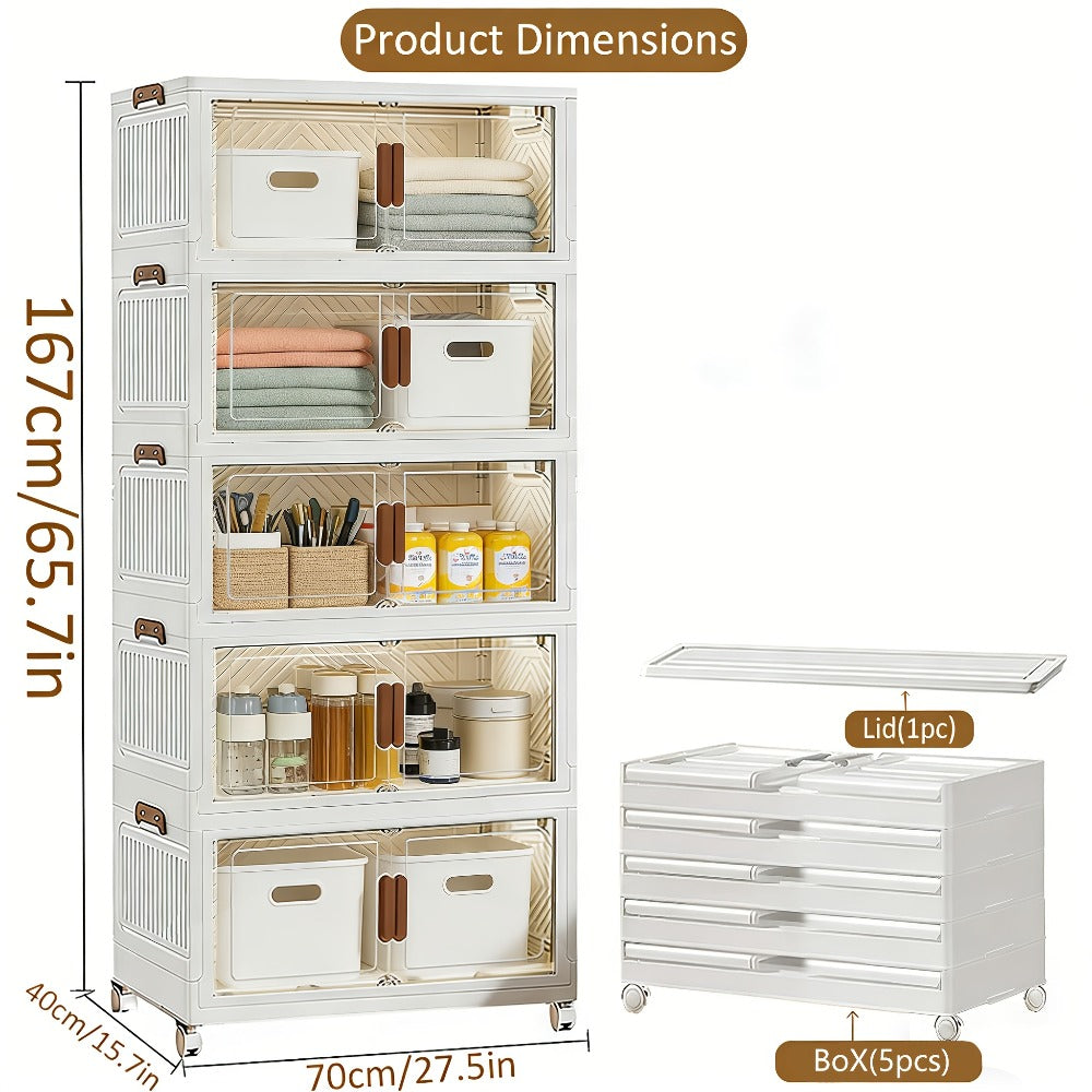 Stackable Foldable Storage Cabinet with Door – PP Plastic 1/2/3/4/5 Layer Organizer Box with Wheels & Cover | Dual-Access Home Storage for Clothes, Books, Snacks & Kitchen Supplies | Office & Garage