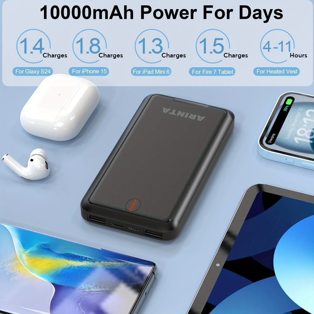 USB-C 5V Heated Vest Battery Pack 10000mAh 5V 2A Portable Power Bank for Heated Jacket Heated Gloves Smartphone Tablet Smartwatch Outdoor Winter Camping Hiking Skiing Travel