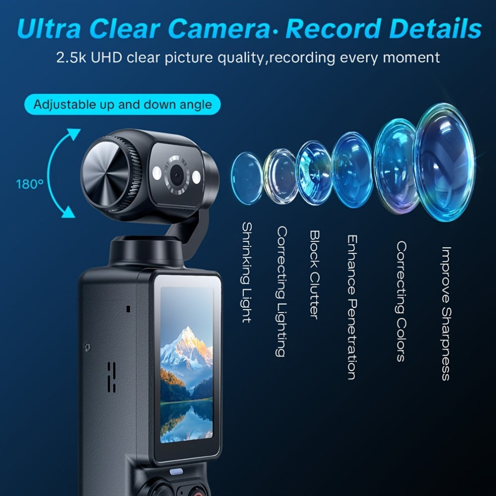 4K Pocket Sports Camera with Gimbal Stabilizer 16X Zoom 180 Degree Rotation 2000mAh Rechargeable 32GB Memory USB Charging Portable Vlog Body Camera for Outdoor Sports Travel Content Creators Black White