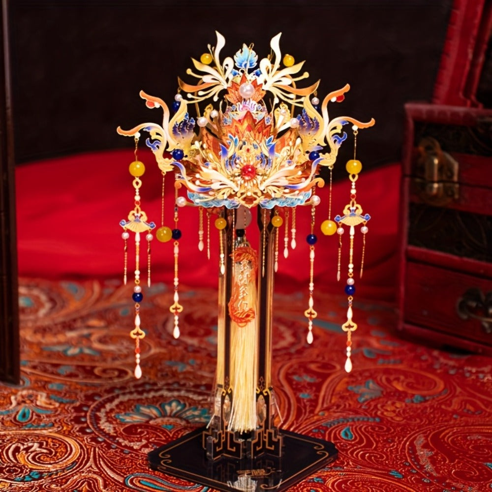 3D Metal Puzzle Phoenix Crown Qingluan – Blue & Gold DIY Assembly with Beads & Tassels, Chinese Mythology Art Collectible, Unique Romantic Gift for Girlfriend Boyfriend Birthday Anniversary
