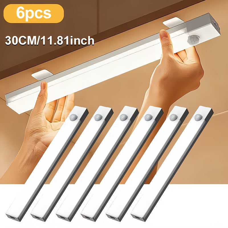 Rechargeable Motion Sensor LED Night Light 6 Pack - 400mAh USB, 3 Brightness Levels, Wireless Stick-On Bar for Cabinet, Stair, Bedroom, Kitchen & Hallway (3.94" / 7.87" / 11.8", 3 or 6 Pack)