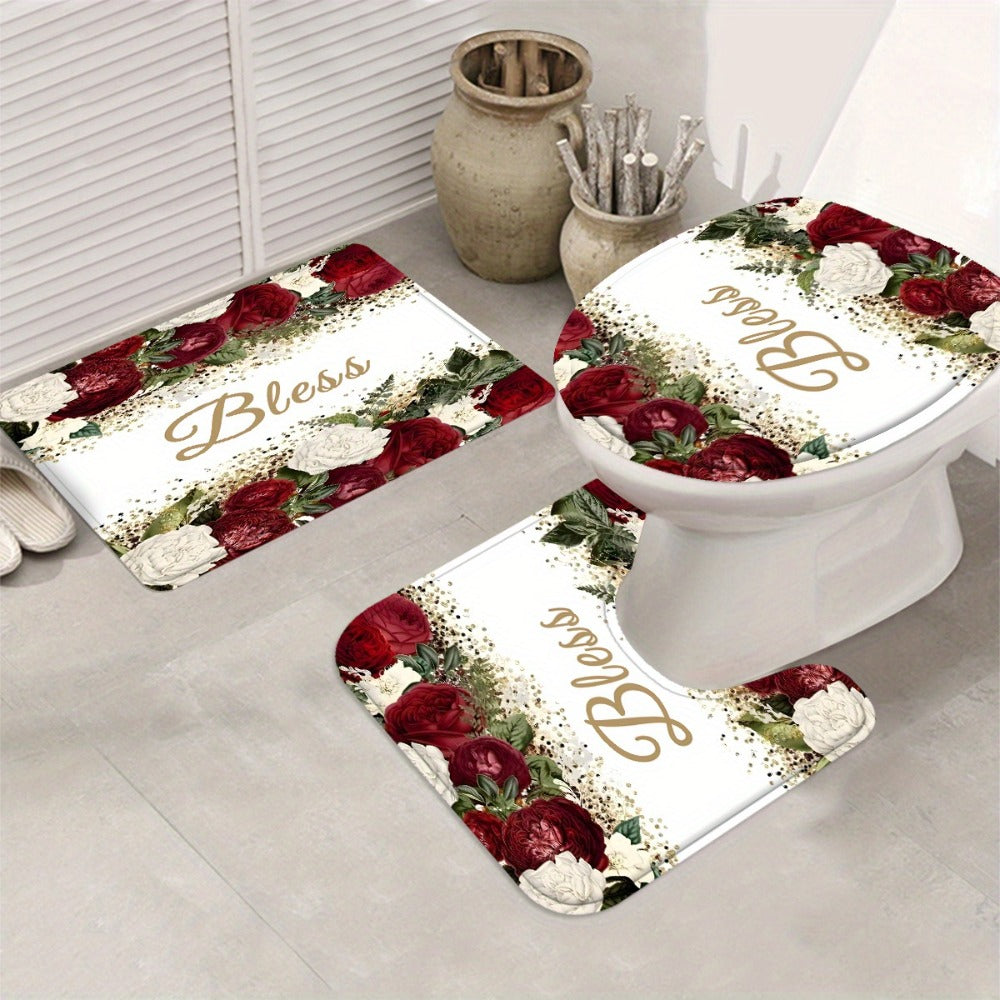 Rose Print Shower Curtain 4-Piece Bathroom Set – Toilet Lid Cover Mat Machine Washable with 12 Hooks Elegant Floral Decor