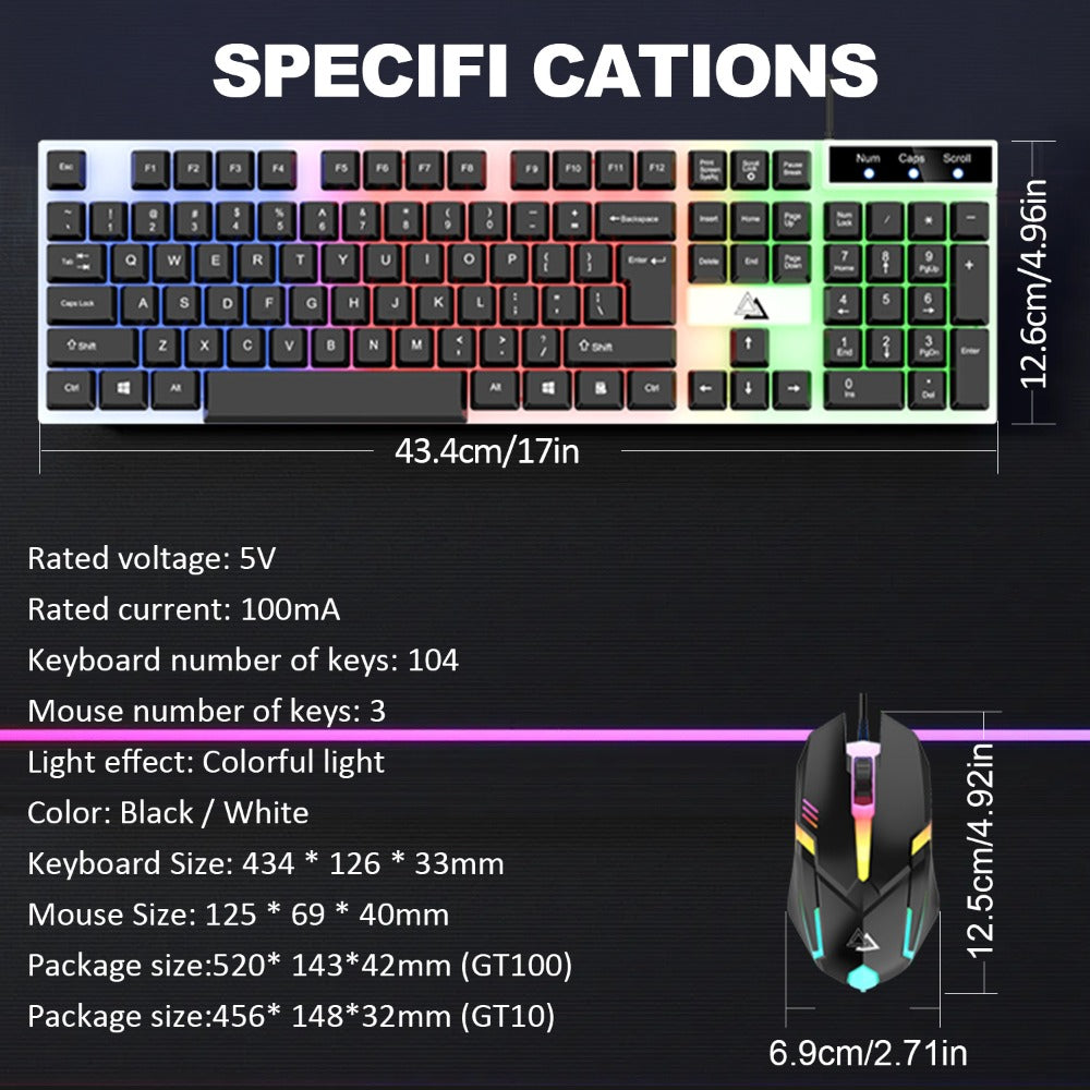 Wired USB RGB Gaming Keyboard and Mouse Combo 104 Keys Backlit Mechanical Feel 1000 DPI Optical Mouse for PC Desktop Laptop Windows Mac Linux Gamer Black White