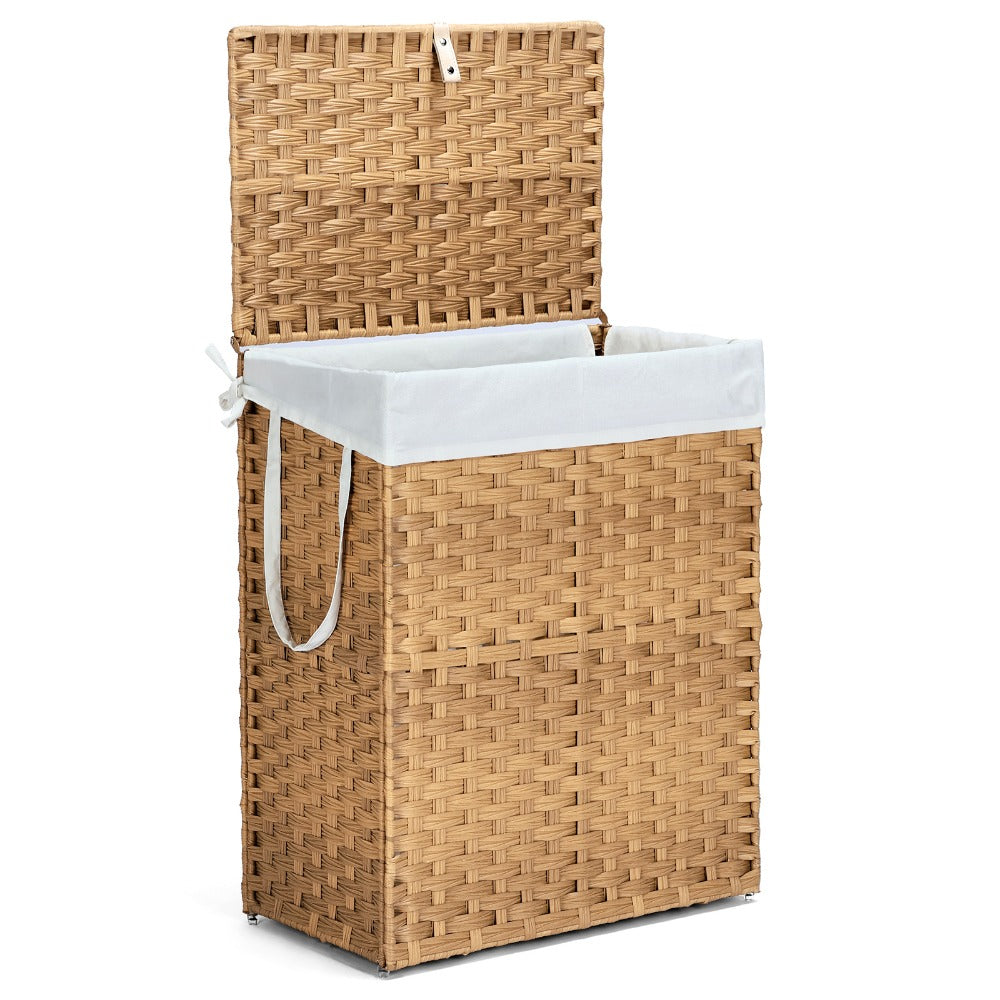 Laundry Hamper with Lid Large Capacity Woven Rattan Storage Basket, Collapsible Clothes Hamper with Handles & Removable Liner, Foldable Breathable Wicker Basket for Bedroom Home Dorm, 2 Sizes