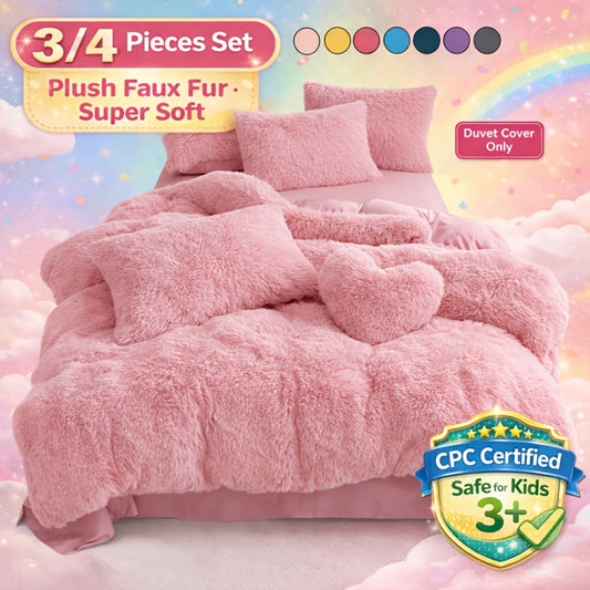Faux Fur Duvet Cover Set with Heart Pillow, Plush Bedding in Twin, Queen or King