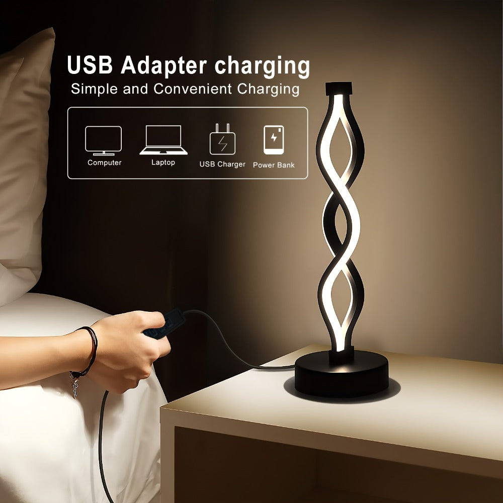 Spiral LED Table Lamp – Modern Minimalist Wave Dimmable Desk Lamp, 3 Color Temperatures, USB Charging, Metallic Base, Creative Curved Night Light for Bedroom Living Room Office Study (1pc / 2pc / Wooden)