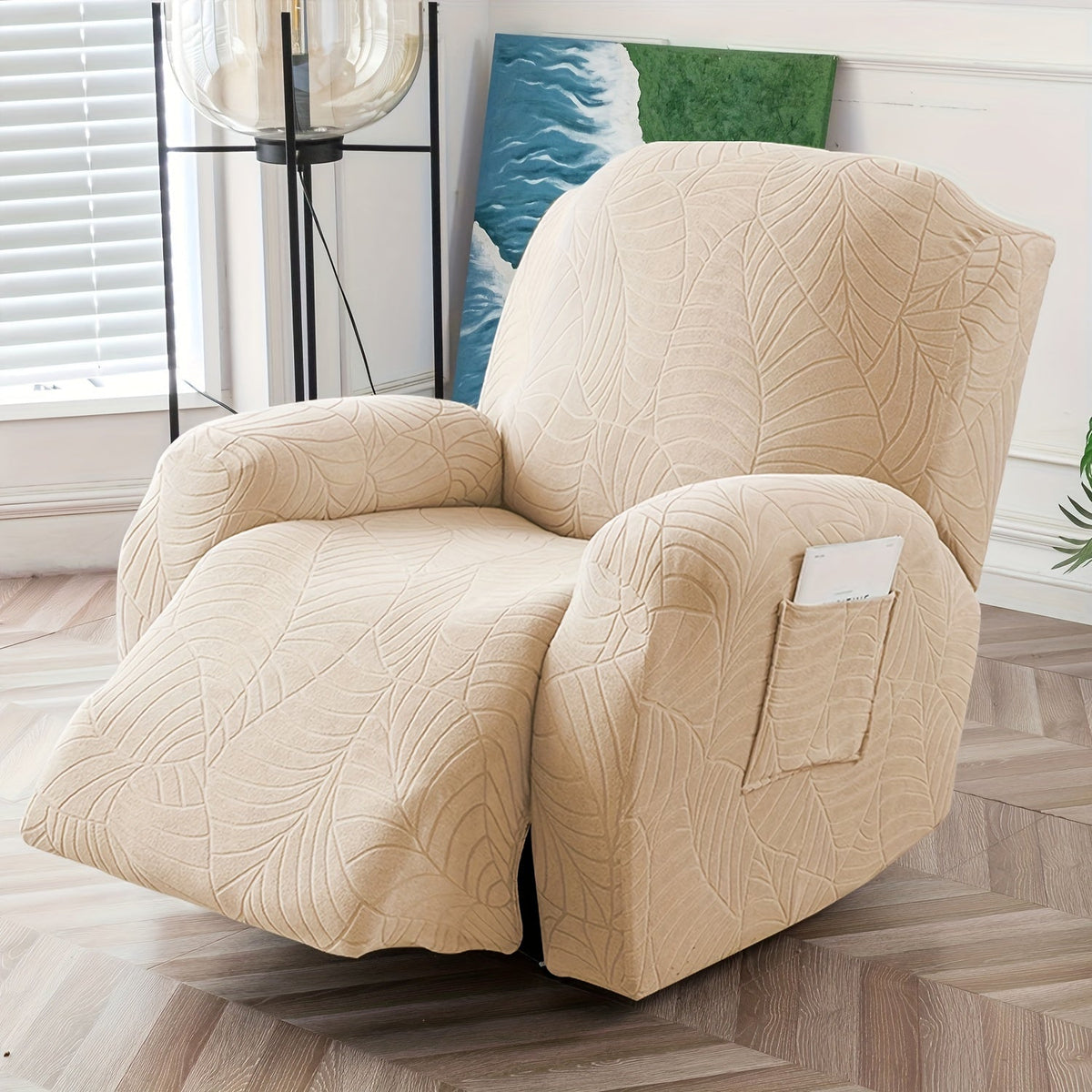 Jacquard Stretch Sofa Recliner Cover Big Leaves - High Stretch Soft Washable Slipcover for 1 2 3 Seat Loveseat with Console Furniture Protector Home Decor, 6 Colors