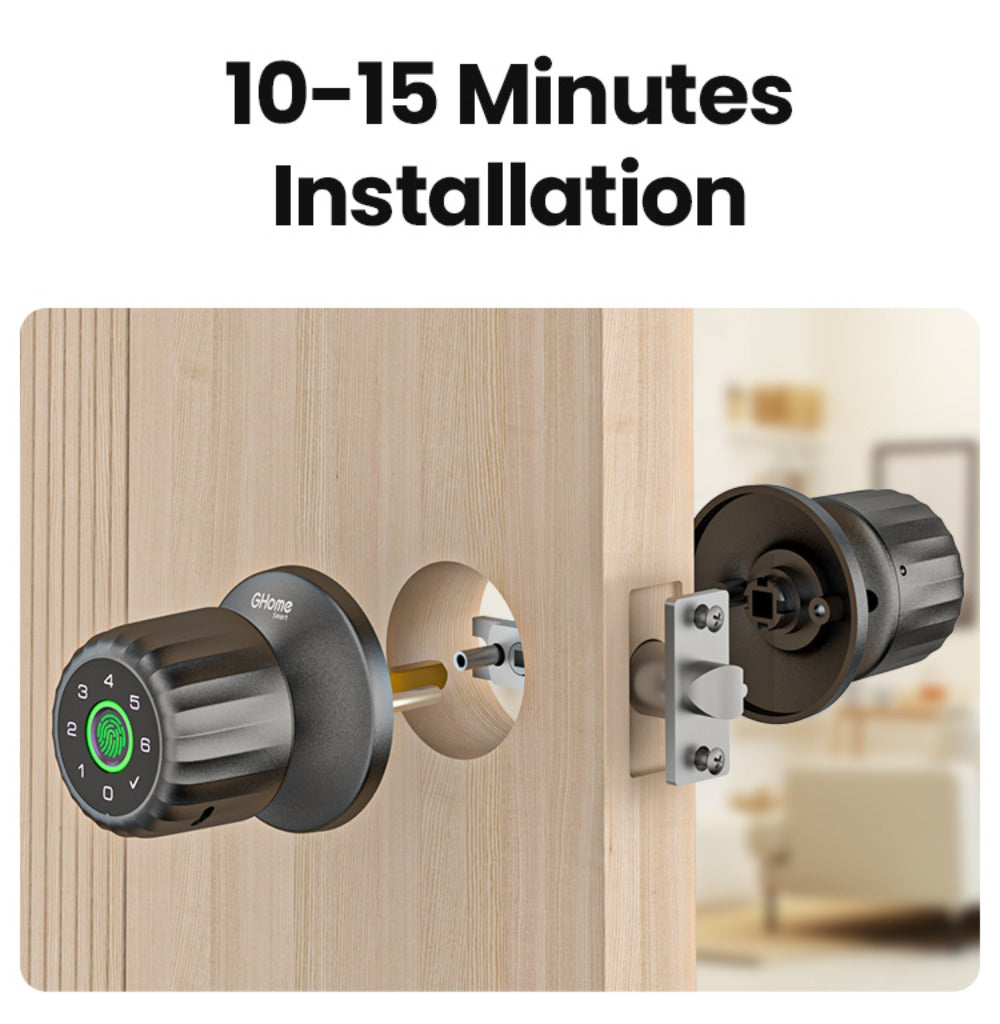 GHome KD03 PRO Smart Door Knob 4-in-1 with USB-C Charging & Gateway Remote - Fingerprint, Keypad & App, Anti-Peep, Tamper Alarm, Emergency Power, Keyless Entry, Black