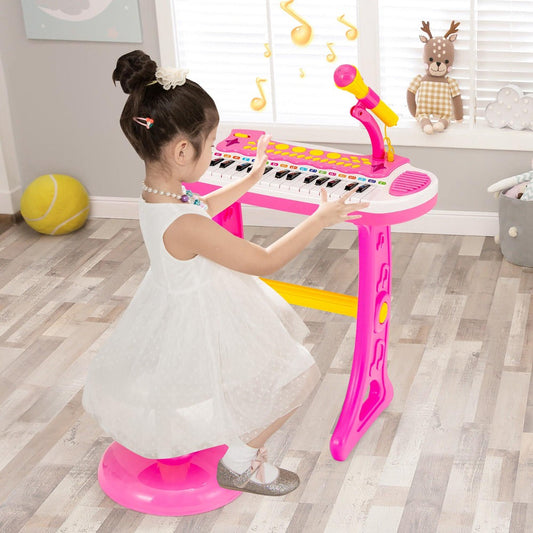 Kids Piano Keyboard Set in Pink, 31 Keys with Microphone, Stool and Recording