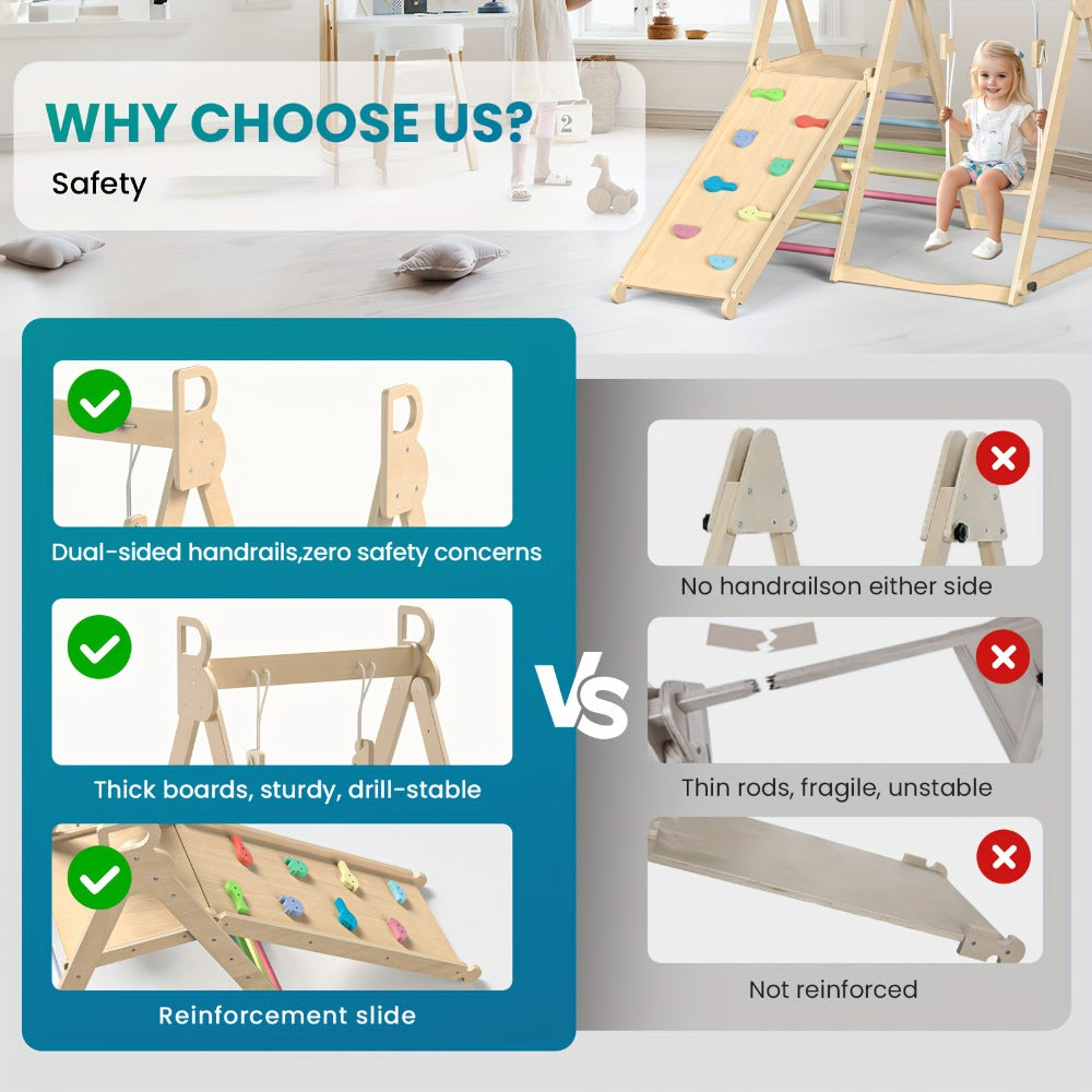 Foldable Indoor Wooden Jungle Gym for Toddlers – 4-in-1 Climbing Frame with Swing, Slide & Ladder | Ages 18M+ | Rainbow & Blue | Kids Indoor Playset for Cognitive Development & Active Play
