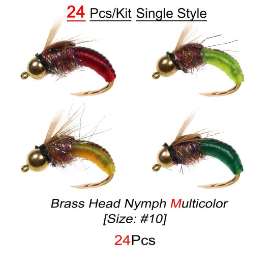 Fly Fishing Flies Kit with Brass Bead Head Caddis Nymphs, 24 Flies & Box