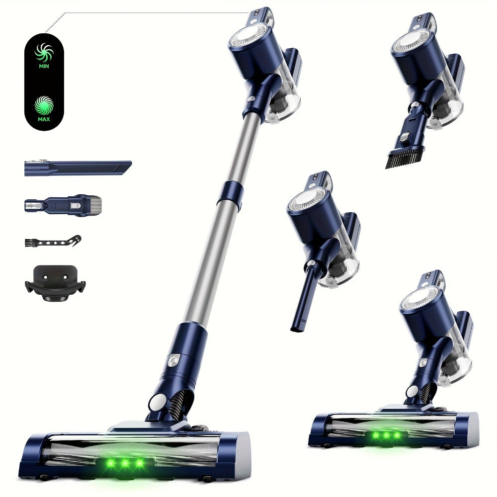 Anti-Tangle LED Vacuum Cleaner 55-69Kpa Corded & Cordless with Green LED Brush, Removable Battery & Multiple Suction Levels - Up to 45 Min Runtime for Carpets, Pet Hair & Hardwood Floors, 7 Colors