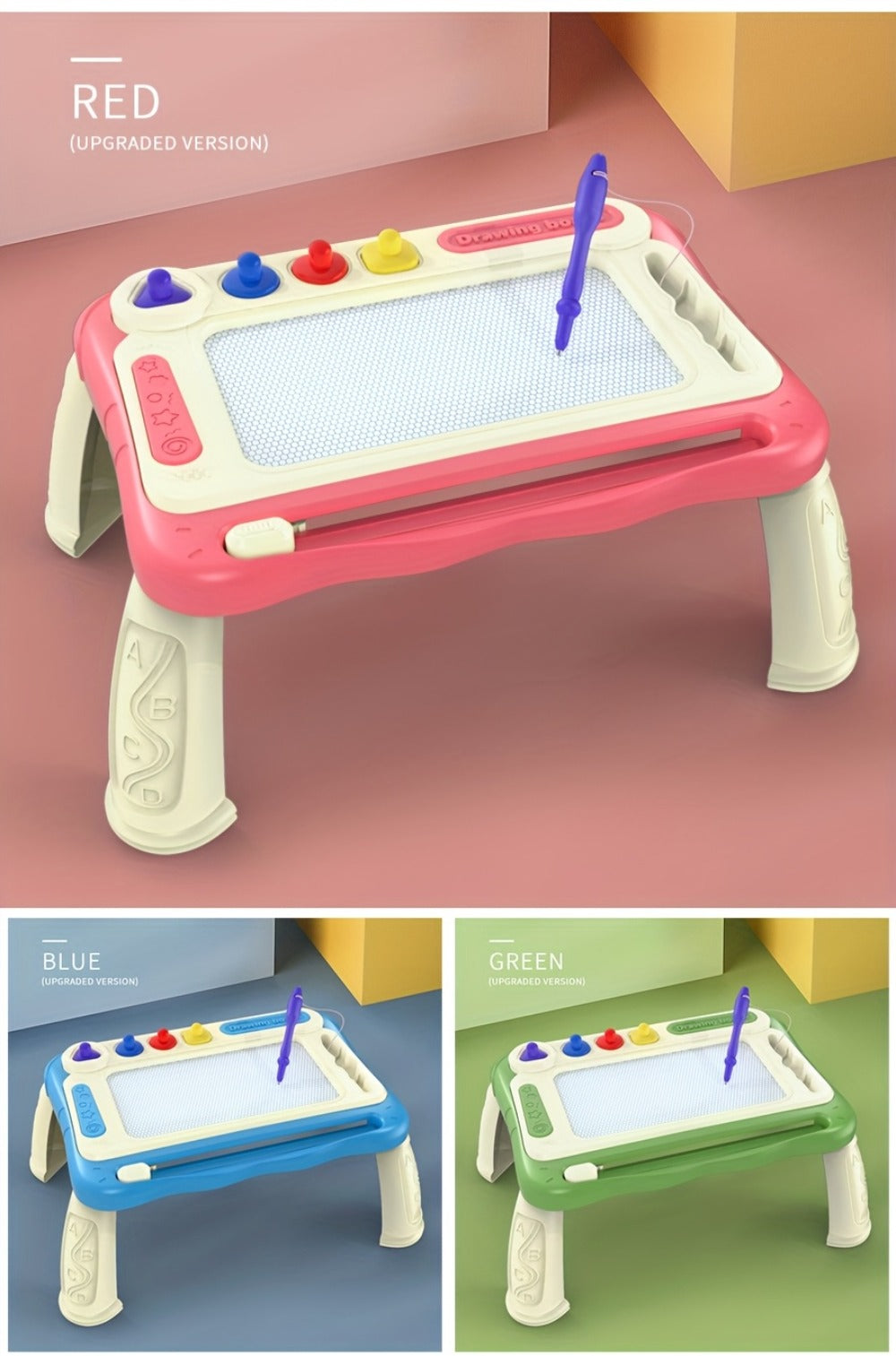 Kids Drawing Board Easel Upgraded with 4 Stamps & Paintbrush – Sturdy Legs Brackets Early Learning Art Toy for Toddlers Boys Girls Ages 3-8 Birthday Easter Christmas Gift Blue Pink Green