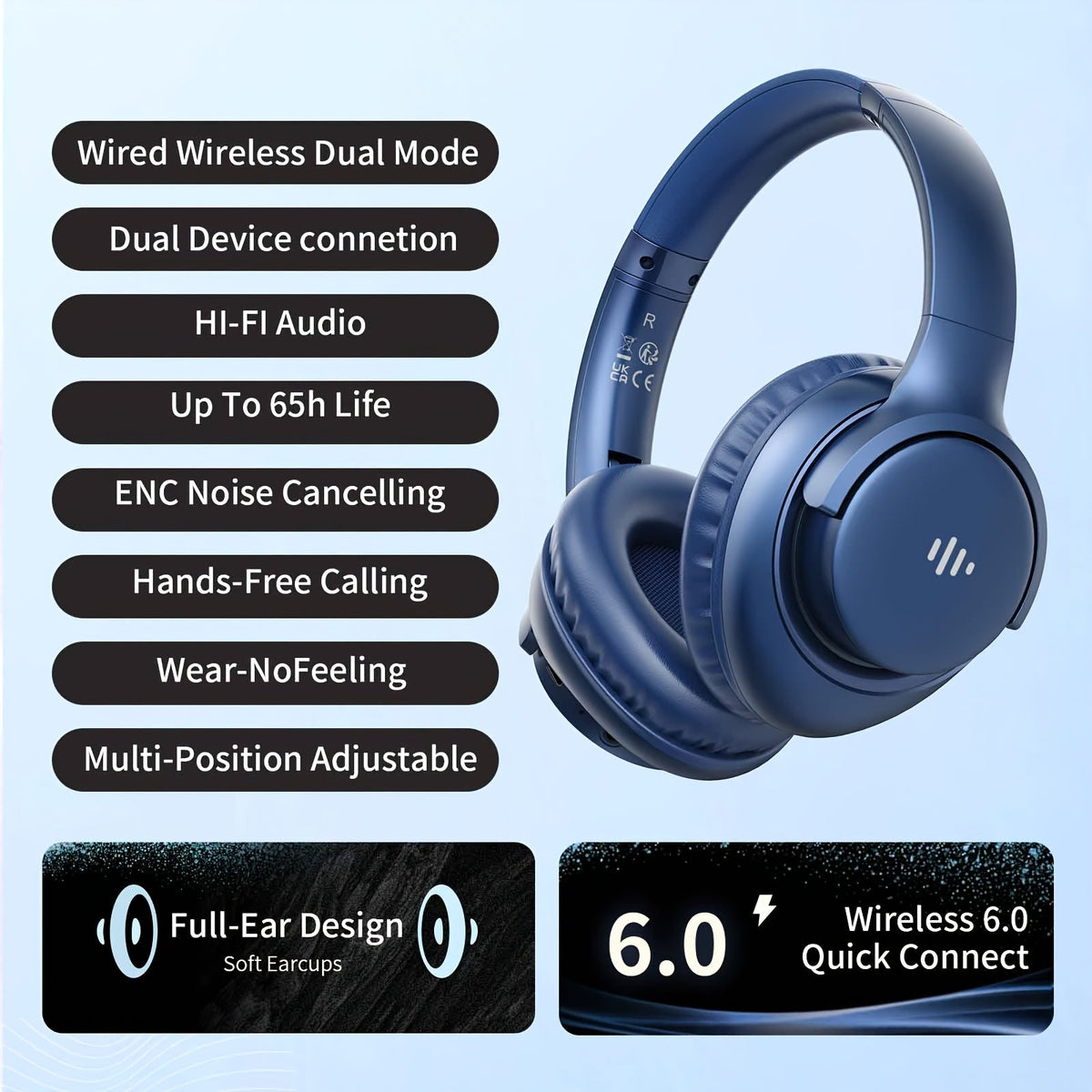 KVIDIO 65H Over-Ear Headphones Wireless HiFi Stereo Rich Bass Low Latency Foldable Lightweight Built-In Mic Ultra-Long Battery Life for Travel Work Study