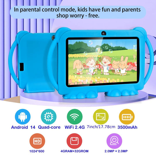 Kids Tablet 7 Inch Android 14, Shockproof Protective Case 4GB RAM 32GB ROM, Parental Mode WiFi 6 Dual Camera, IPS HD Display Quad-Core Mali T820 USB OTG, Children Learning & Entertainment Tablet – Blue Pink