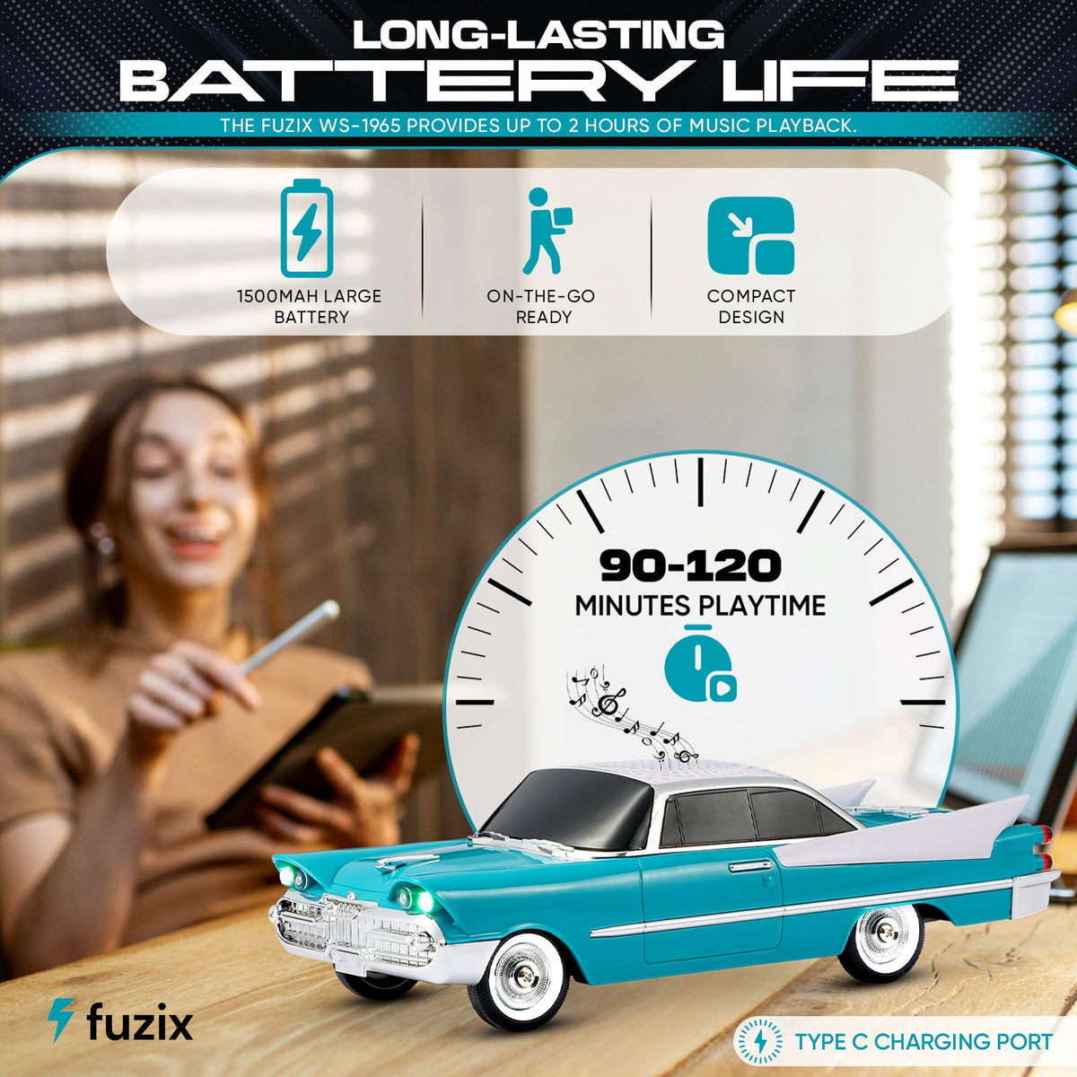 Retro Car Bluetooth Speaker with LED Headlights & Taillights, Fuzix WS-1965 Wireless Portable Stereo Speaker, AUX/USB/TF/FM Radio, Built-in Mic, Rechargeable Battery, Gift for Car Enthusiasts