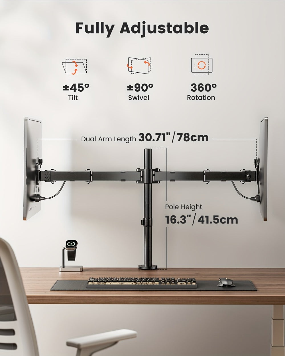 Adjustable Dual Monitor Arm for 13-32 Inch Screens, VESA 75x75/100x100mm, 45° Tilt 90° Swivel 360° Rotation, 17.6 lbs per Arm, C-Clamp & Grommet Mount, Cable Management, Space-Saving Home Office Desk Stand