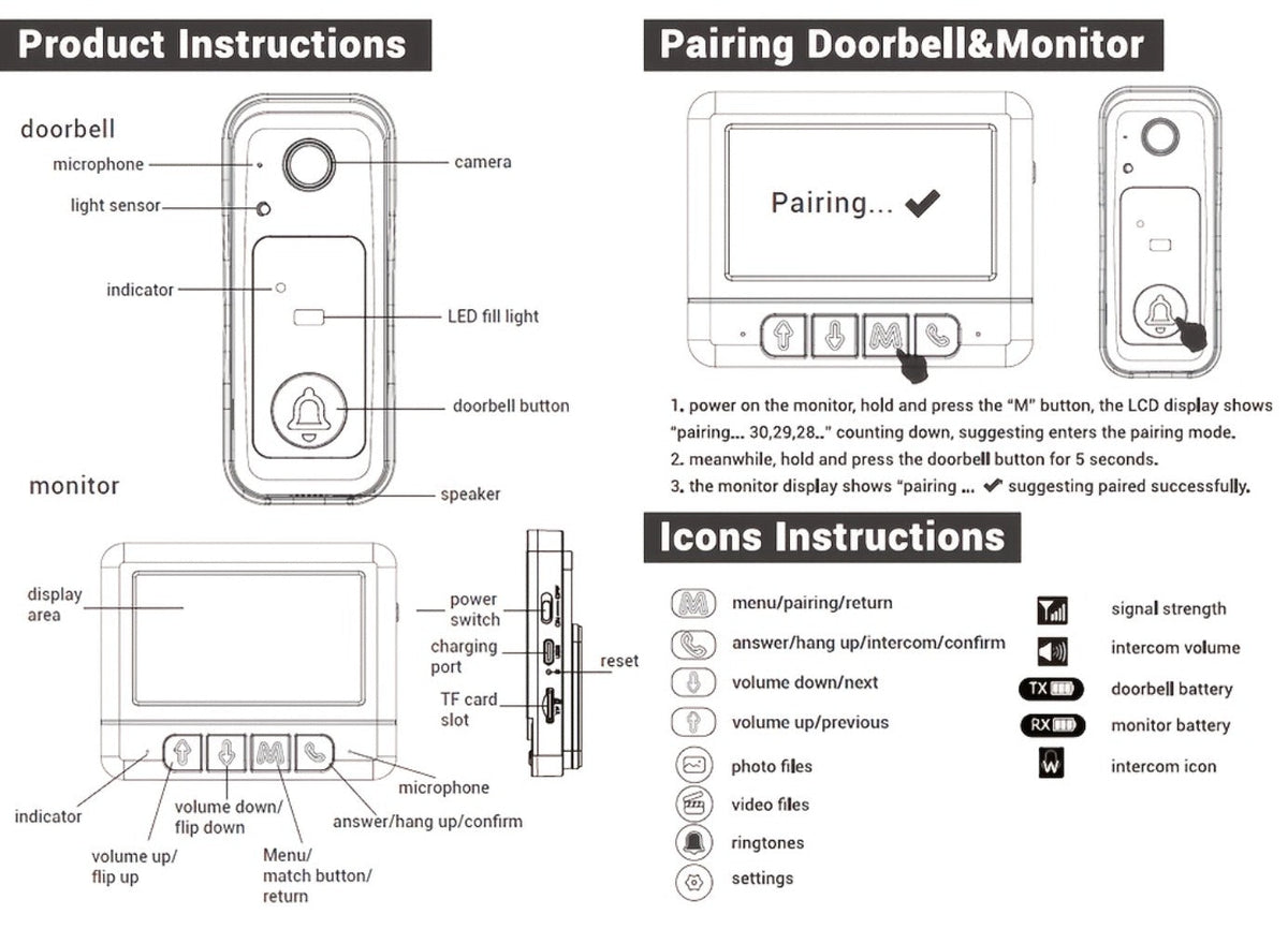 WiFi Video Doorbell with 4.3 Inch Indoor Monitor | Waterproof Night Vision Two-Way Audio Rechargeable Battery | Auto Photo Video Recording Senior Friendly Real-Time Monitoring
