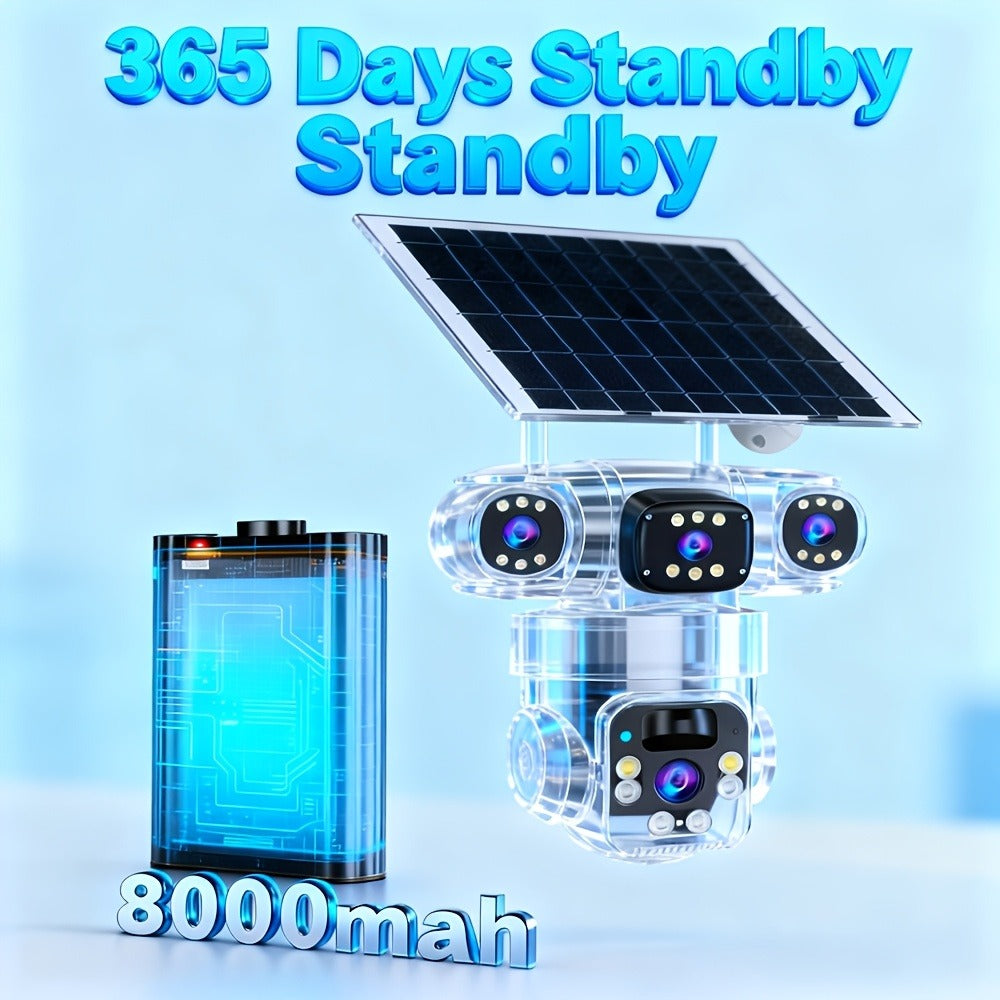 4K Solar Powered Outdoor Security Camera PTZ 360° Triple Lens Panoramic 10X Zoom 8000mAh Battery WiFi AI Human Detection Color Night Vision Two-Way Audio Driveway Farm