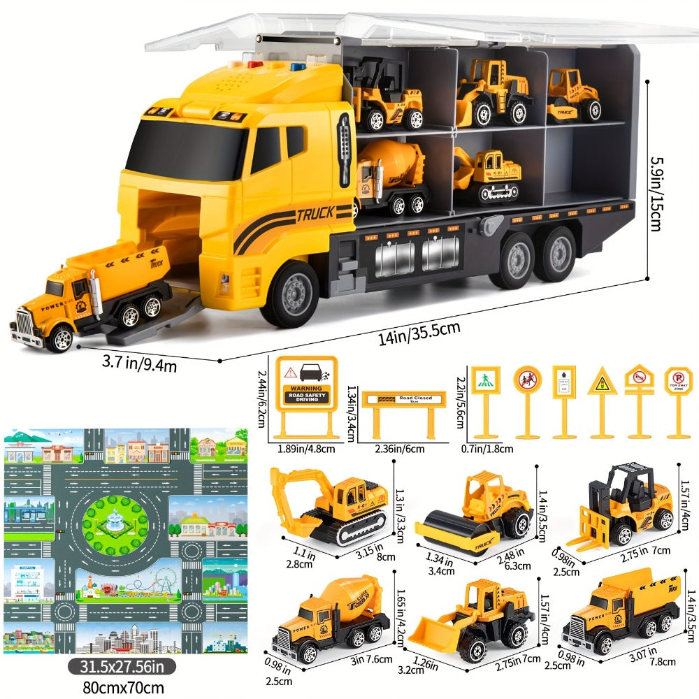 Construction Truck Toy Set, 13-in-1 Carrier with Die-Cast Vehicles and Play Mat