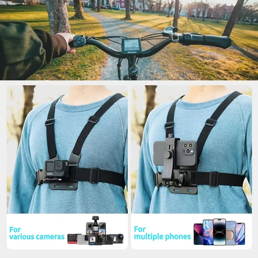 Chest Mount Harness for GoPro Hero 13 12 11 10 9 8 – Adjustable POV Chest Strap for Insta360 X4 X3 DJI Osmo Action 4 3 iPhone Samsung Phone – Hands-Free Camera Holder for Bike Kayak Fishing Hiking Vlog