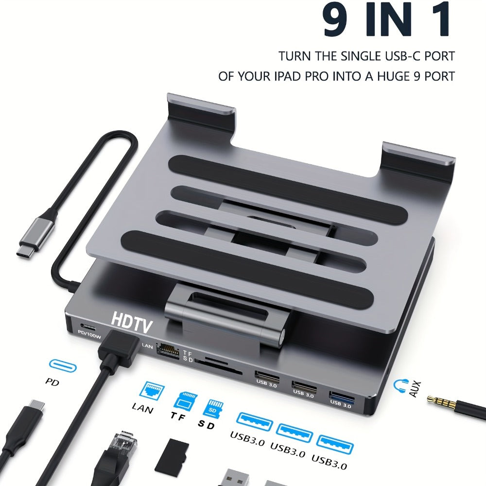 iPad Phone Rotating Stand Docking Station – 4K 60Hz HDMI, Gigabit Ethernet, 100W PD, USB 3.0 Hub, SD/TF Card Reader, Audio Jack – Multi-Screen Home Office for iPad Pro & Smartphones