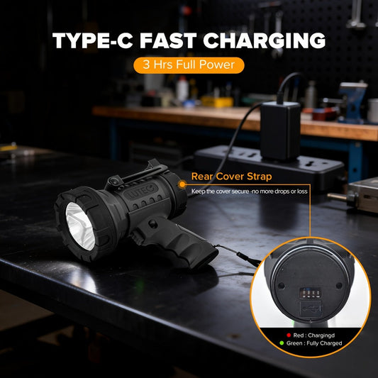 Rechargeable Spotlight Flashlight, 1500 Lumens with Foldable Stand and Red Filter