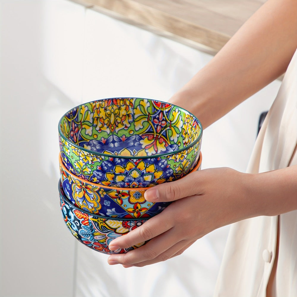 Cereal Bowl Set of 6 Bohemian Style 26oz – Colorful Ceramic Bowls for Cereal Soup Oatmeal Salad Ice Cream Pasta Microwave Dishwasher Safe Boho Kitchen Decor Gift for Home