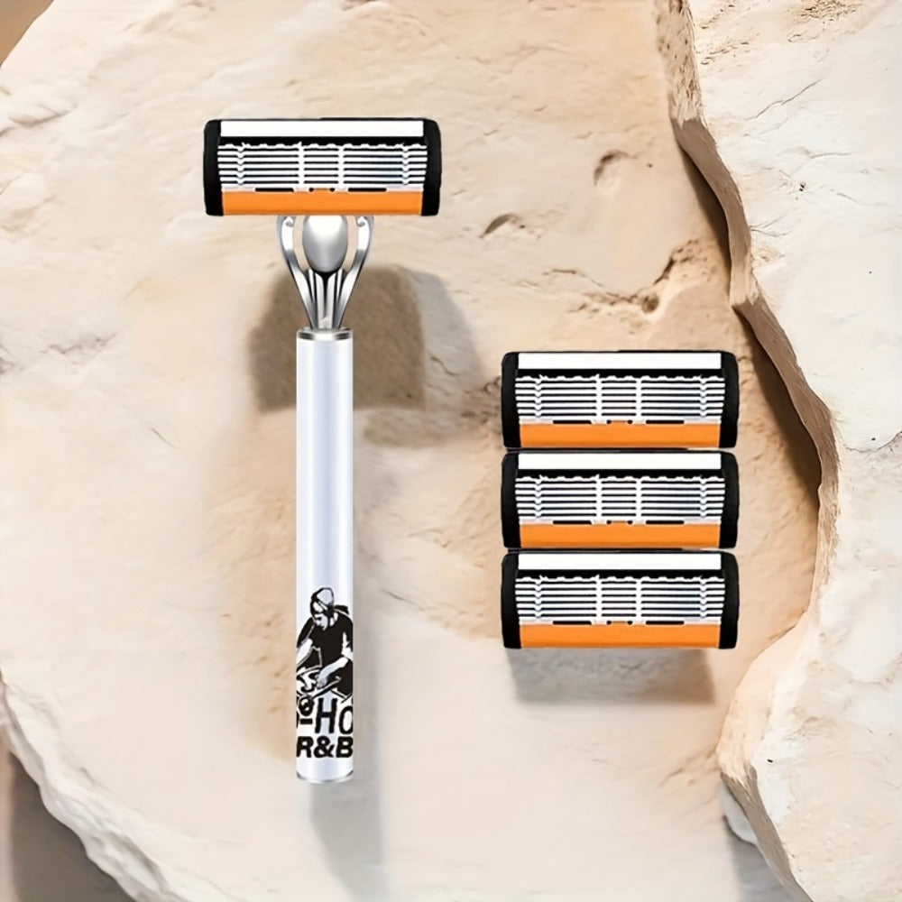 6-Layer Blade Men's Razor Set with Lubricating Strip 2 Handles & 36 or 72 Replacement Blades – Smooth Close Shave Contour-Fitting Ergonomic Manual Shaver for Men Daily Grooming